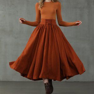 Lace-up Maxi Linen Skirt, girdle linen skirt in burnt orange and dark brown, ret